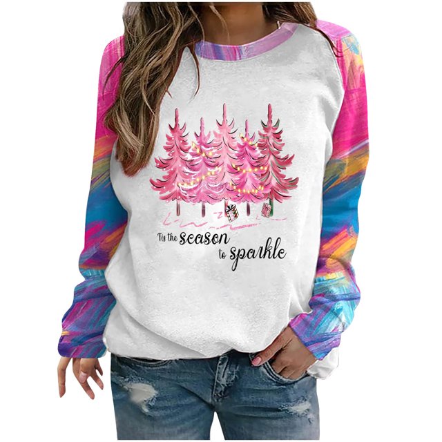 EQWLJWE Chandails en Molleton de Noël Roses pour Femmes Manches Longues Col Rond Chandails en Molleton Pull Léopard Teinture sur Nœuds Manches Raglan Haut Chandails en Molleton de Noël pour Femmes Grandes Tailles