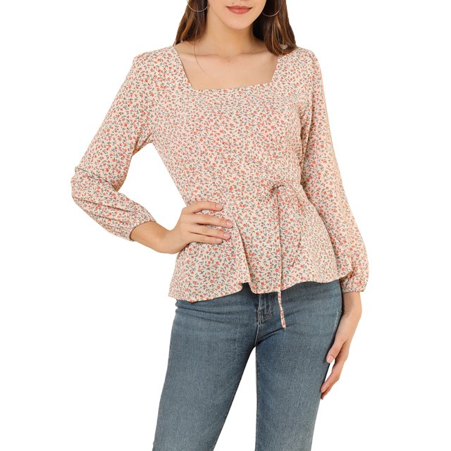 Unique Bargains Blouse à Manches Longues à Encolure Carrée à Fleurs pour Femmes