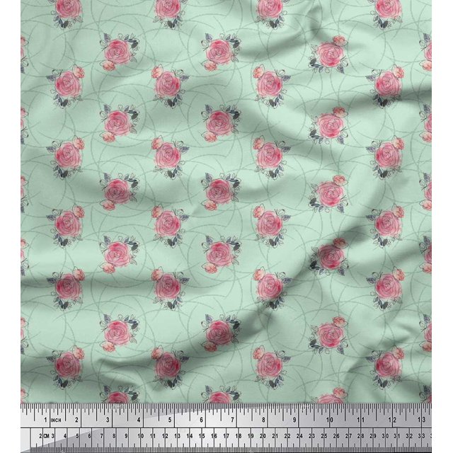 Soimoi Green Poly Georgette Fabric Peach Rose Watercolor Print Sewing Fabric BTY 52 Inch Wide