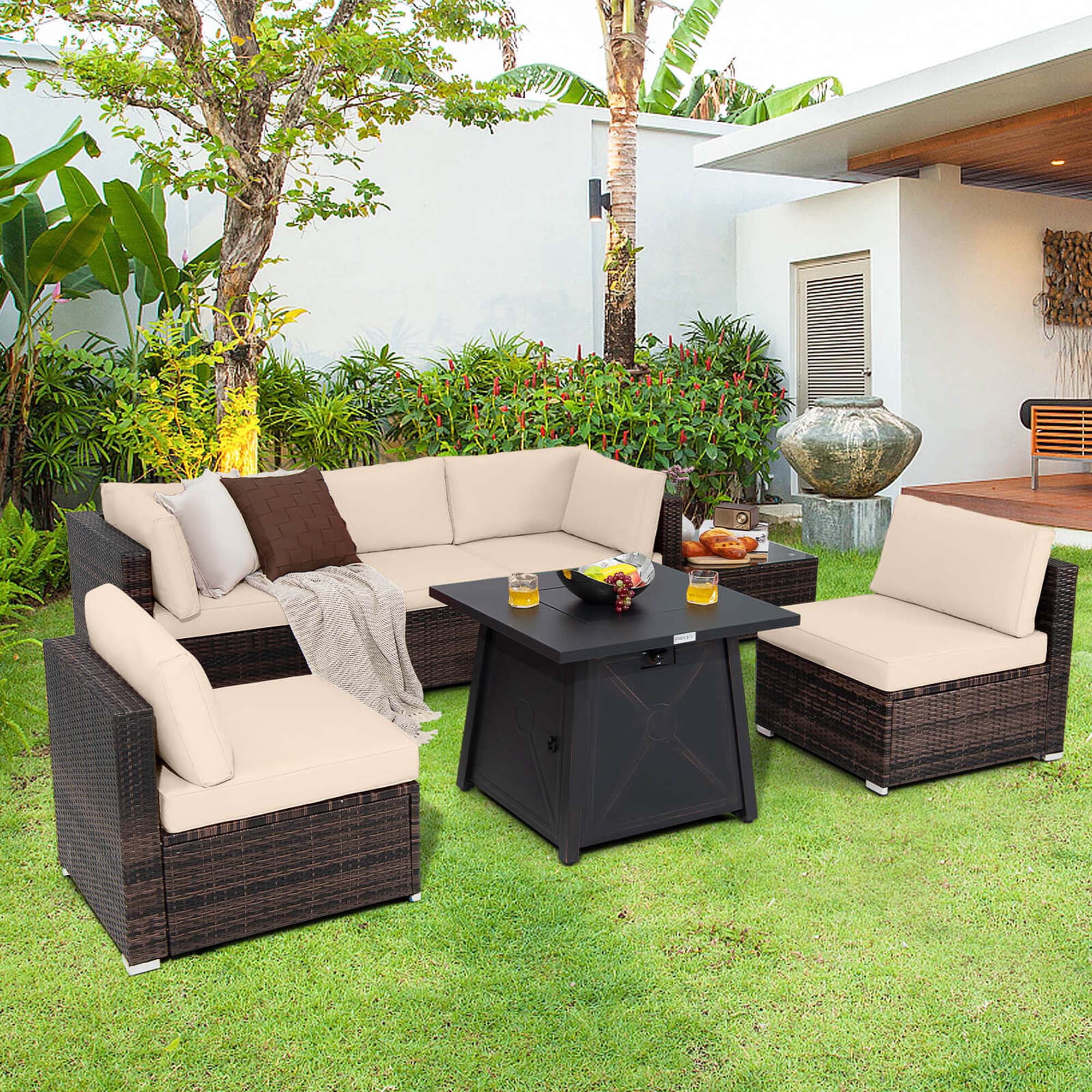 Costway 7PCS Patio Rattan Furniture Set Fire Pit Table Cover Cushion Brown