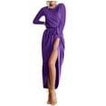 thumbnail image 1 of cfhntfmh Robes de Cocktail pour Femmes Automne Confortables Col Rond Manches Longues Longue Robe Maxi Douce Aguichant Ceinturée Fente Latérale Robe de Soirée, 1 of 1