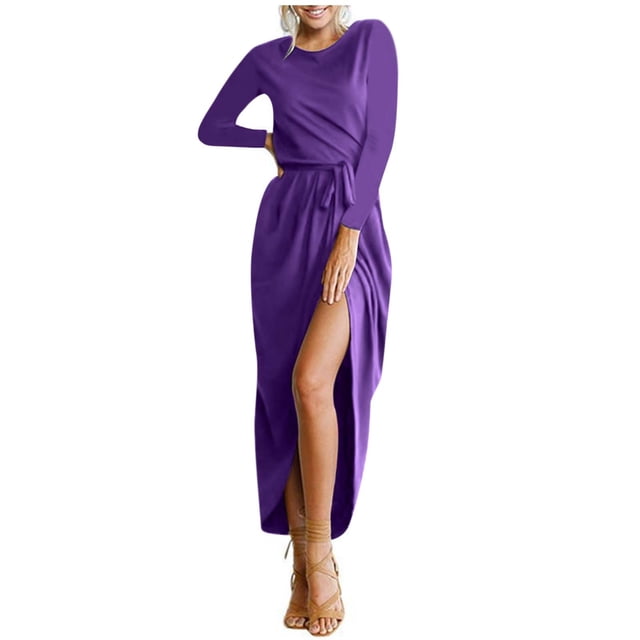 cfhntfmh Robes de Cocktail pour Femmes Automne Confortables Col Rond Manches Longues Longue Robe Maxi Douce Aguichant Ceinturée Fente Latérale Robe de Soirée