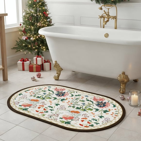 Gogreen Bath Mat - Bathroom Mat Rug Non Slip Super Absorbent Stain Resistant Quick Dry Thin Bathroom Rug-Bath Mats for Bathroom Floor Bathtub Vanity-Bathmat Bath Rug (Christmas Floral, 20"x32")