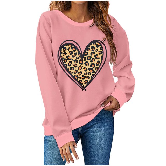 Chemise de Saint-Valentin pour Femmes 2024 Col Rond Chemises Décontractées Cœur d'Amour Graphiques Tees Manches Longues Amples Pull Tops Mode Vacances T-Shirt