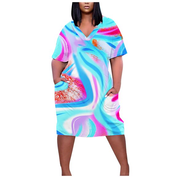 fartey Women Plus Size Sundresses 2023 Trendy Baggy Tie Dye Print Pockets Mini Dresses Lounge V Neck Short Sleeve Vacation Dress, L-5XL