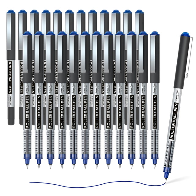 Shuttle Art RollerBall Pens 25 Pack, a set of blue fine point roller ball pens with 0.5mm liquid ink. Pens are neatly arranged in rows, highlighting their durable design, smooth writing, and quick-drying ink. Perfect for writing, journaling, note-taking, and sketching in school, office, or home settings.