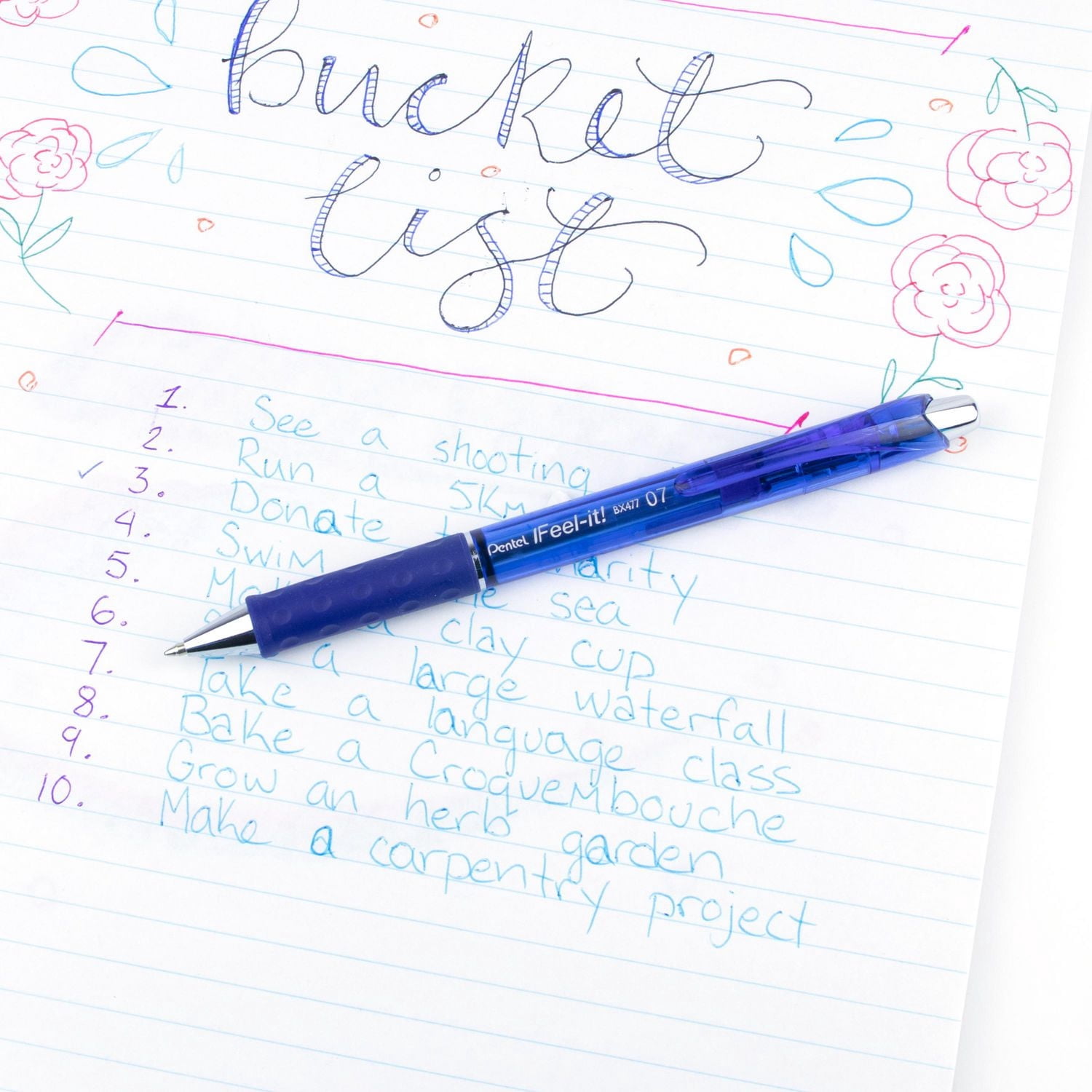 Pentel Feel-It!, Low Viscosity, Retractable Ballpoint Pen, Blue Ink, Metal Tip, 0.7mm, Box of 12