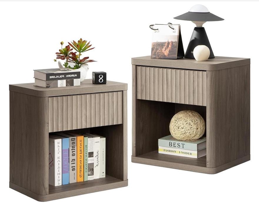 Night Stand Set of 2, Fluted Nightstand,Modern Farmhouse Nightstand, End Table with Drawer Storage Mid Century Wood Night Stands for Bedroom Living Room Sofa Office