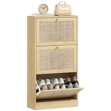 HOMCOM Armoire de Rangement pour Chaussures en Rotin avec 3 Tiroirs Basculants, Chêne