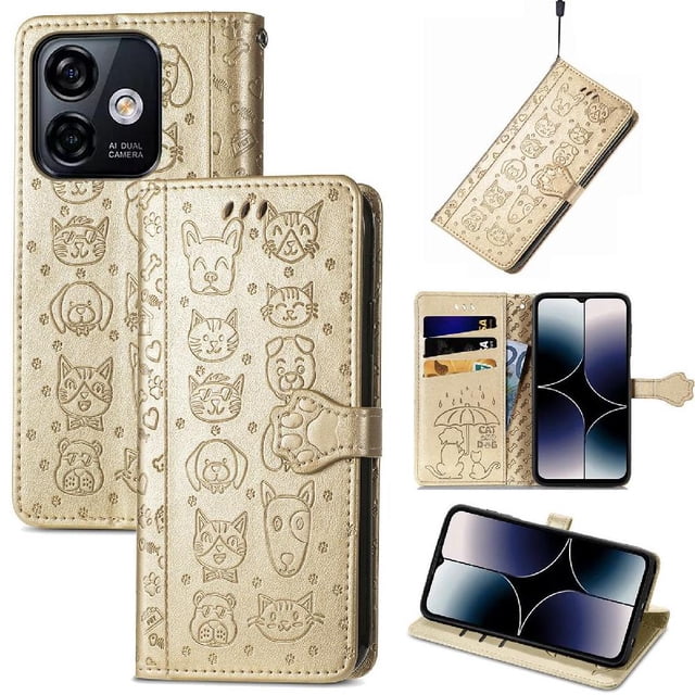 Étui à Rabat pour FOXDOCK Ulefone Note 18 Ultra, Étui à Rabat en Cuir PU Gaufré Chat et Chien avec Fentes pour Cartes, Support