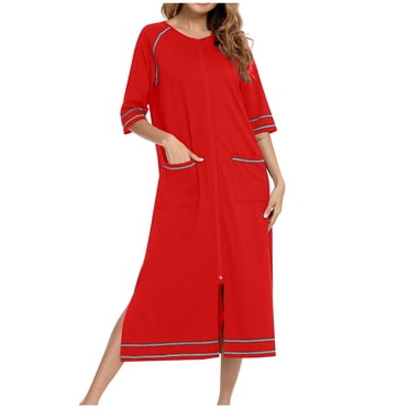 Erwazi Women Zipper Robes Nightgown Bathrobe Lightweight House Coat with Pockets Soft Sleepwear Pajama Dress