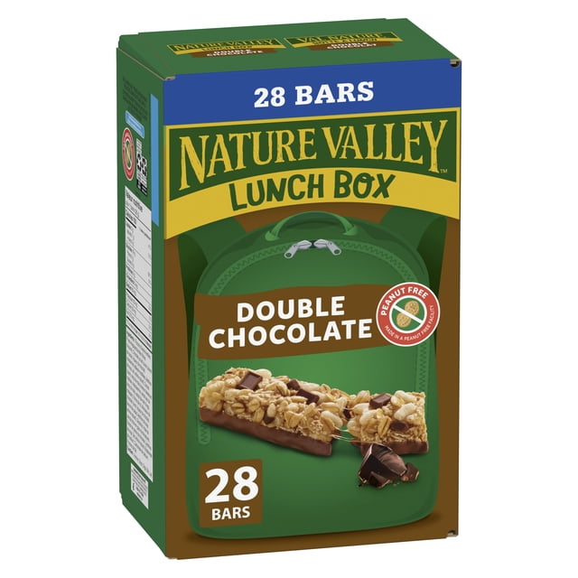 Nature Valley Lunchbox Granola Bars Double Chocolate value pack box with 28 peanut-free bars made with whole grains and high fiber, featuring a green lunchbox graphic and two granola bars with chocolate chunks on the front, suitable for kids snacks or on-the-go energy.