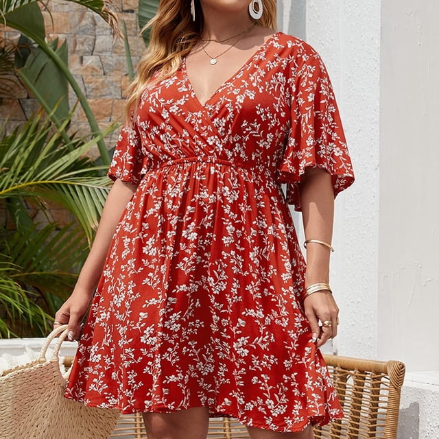EGNMCR Robes de Fête pour Femmes Femmes Grande Taille Été Décontracté Manches Courtes Col en V Manches Imprimées Robes Robe Ample