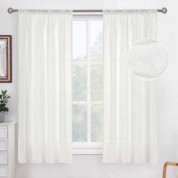 PinesC Semi Sheer Curtains 54 Inch, Faux Linen Look Rod Pocket Light Filtering Privacy Sheer Window Curtains for Living Room, Opaque Sheer Curtains 2 Panels, Each 42 x 54 Inch,Ivory Cream