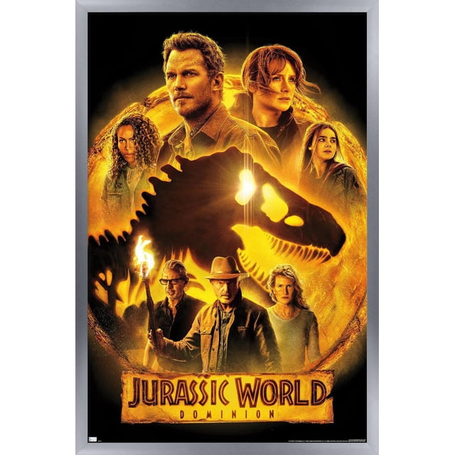 Monde Jurassique : Dominion - Affiche Murale de Groupe un, 14,725 Pouces x 22,375 Pouces Affiche Encadrée Présentant une Affiche Encadrée avec une silhouette de Squelette T-Rex Orange-Jaune Lumineuse sur Fond Noir. Sept Personnages de film Entourent le Dinosaure, l'Un Tenant une Torche. le Bas Montre le Titre du film sur une Bannière orange Texturée. Idéal pour la Déco Maison Ou la Décoration de Fête à Thème.