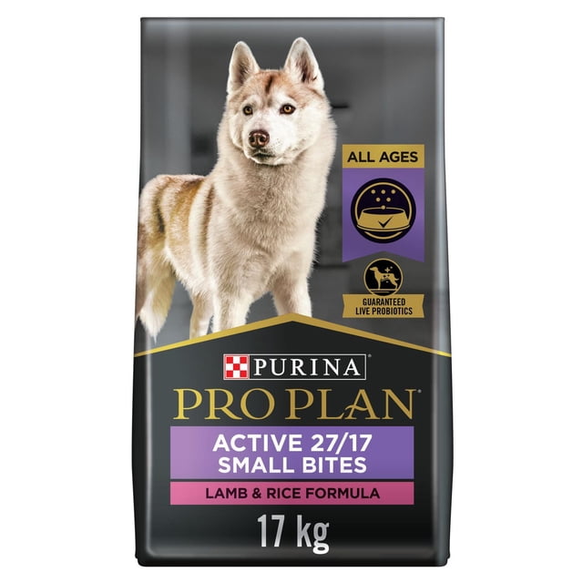 Purina Pro Plan Sport Small Bites 27/17 Lamb & Rice Formula dry dog food 17 kg bag showing a standing husky dog, labeled for all ages with guaranteed live probiotics, featuring nutrient-dense small kibble designed to support active dogs with high protein and fat for lean muscle maintenance.