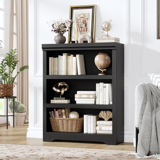 3-Tier Rustic Brown Wooden Bookshelf - Adjustable Wide Bookcase with Open Shelves, Anti-Tip & Anti-Slip, Tall Display Storage for Home Office, Living Room