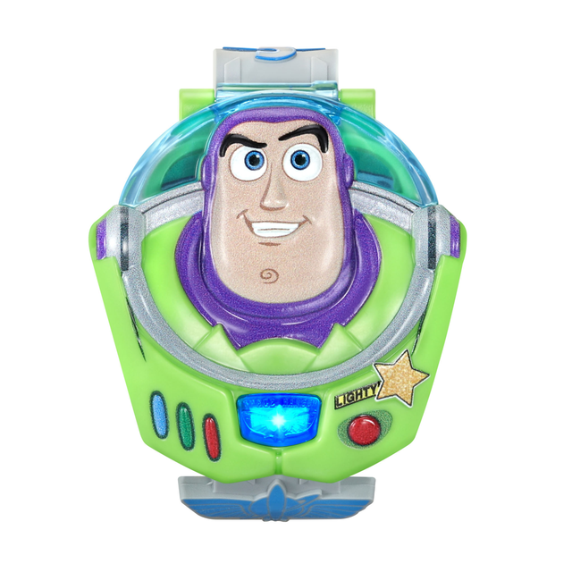VTech Disney/Pixar Toy Story 5 Buzz Lightyear Learning Watch With Spanish Words for Kids - English Version, 3+ Years front-facing kids digital wristwatch with a Buzz Lightyear flip-open cover that lights up, 10 Buzz-and-friends clock faces, four games teaching counting, comparing and English/Spanish number words, alarm, timer and stopwatch; demo CR2450 battery included; suitable as quiet travel entertainment.