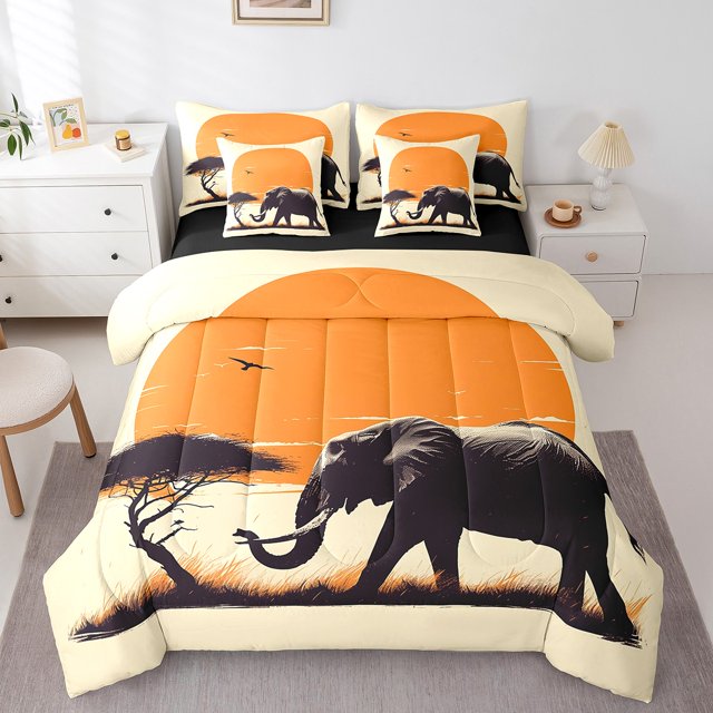 Elephant 7 Pcs Comforter Set Twin Size, Wild Animal Bedding For Kids Adults, Retro Jungle Tree Sheet Set Bed In A Bag Mid Century Sunset Bird Bed Set