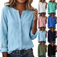 thumbnail image 1 of FAVIPT Womens V Neck Cotton Linen Blouses Long Sleeve Button Front Shirts Loose Fit Spring Casual Tops Pink,XL, 1 of 9