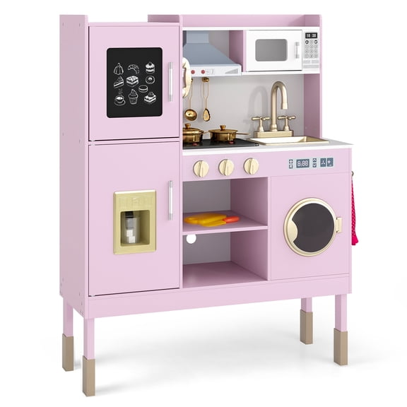 Costway Kids Pretend Kitchen Play Set Toddler Toy Wooden Chef Height Adjustable with Sounds Pink