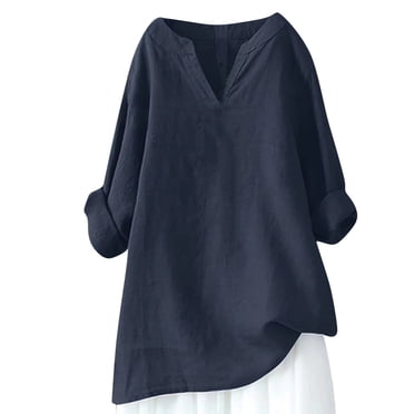 IROINID Savings Plus Size Shirts for Women Cotton Shirts for Women Leisure Slot Neck Long Sleeve Loose Cotton And Linen Shirts Summer Shirts Blouse,Navy