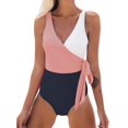 thumbnail image 1 of Maillot de Bain une Pièce pour Femmes, Enveloppant, à Blocs de Couleur, avec Nœud Latéral, Rose Noir, TG, 1 of 6