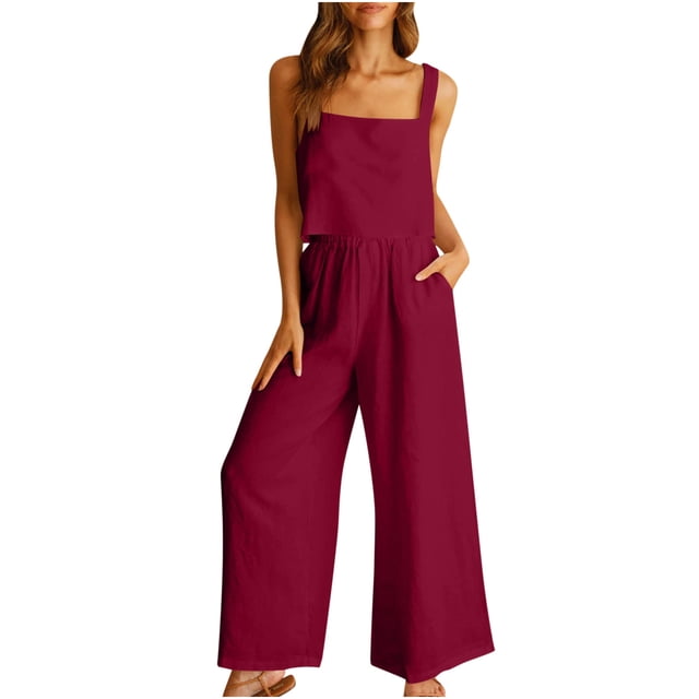 Ensemble Décontracté 2 Pcs pour Femme en Lin, Shorts, Haut Sans Manches, Gilet, Haut/chemise Sans Manches à Col Ras du Cou, Ensemble, Robes pour Femmes 2023 1- Robes Rouges pour Femmes G