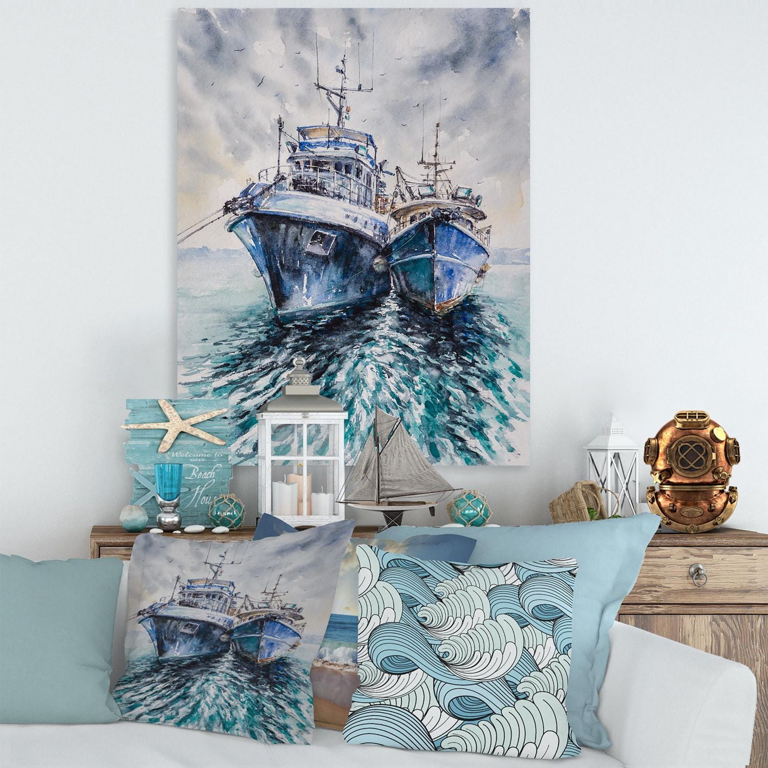 Designart Deux bateaux de pêche avant une tempête ancrés Art mural sur toile