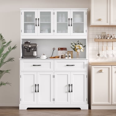 Homfa Armoire de Cuisine Autoportante de 71 Po de Hauteur avec 2 Tiroirs, Buffet Vaisselier, Armoire de Rangement à 4 Portes, Blanc