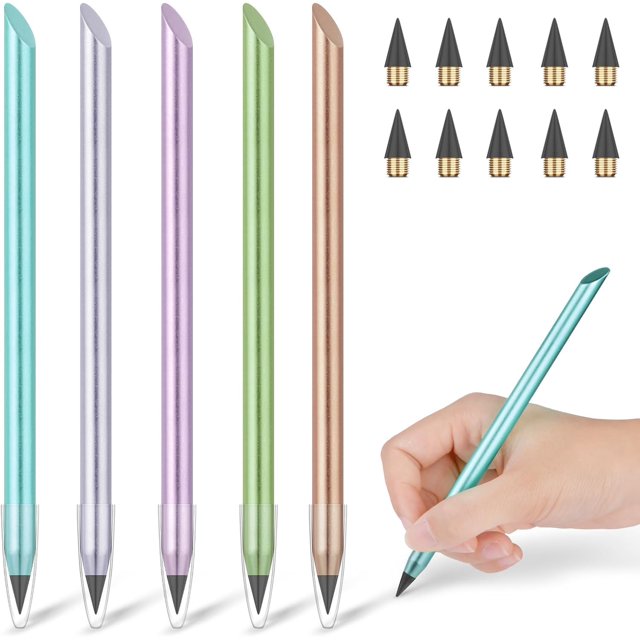 LAICAIW 5PCS Metal Inkless Pencil, Infinity pencil, Reusable Everlasting Pencil, Replaceable Nib Pencil with 10 Replaceable Nib for Writing Drawing Students Home Office School Supplies