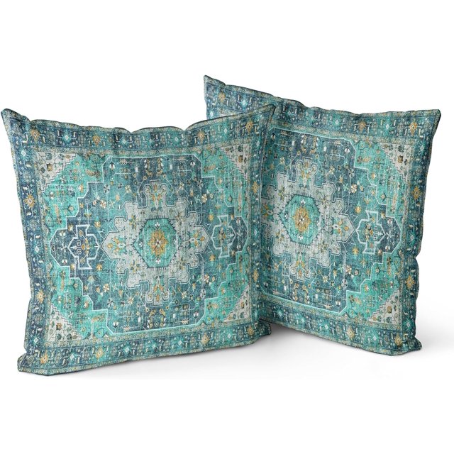 Green Boho Throw Pillow Covers Set of 2 Monaco Rug Carpet Double Sided Pattern Cotton Soft Pillow Case Cushion Cover Pillowcase for Garden Couch Sofa Bed Decorative 20x20 inch