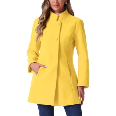 INSPIRE CHIC Women's Mid-Length Stand Collar Coat Single Breasted Winter Overcoat with Slant Pockets & Full Lining Yellow L
