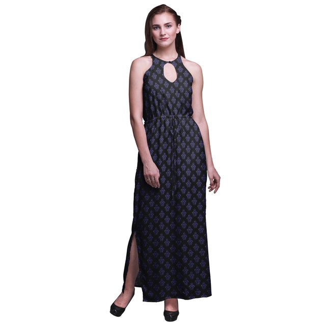 Bimba Block Ladies Crew Neck Waist String Print Maxi Dress with Side Slits Summer Wear-Small