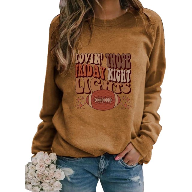 EQWLJWE Chandail à Col Rond à Manches Longues pour Femmes avec Imprimé de Lettres « Lovin' Those Firday Ninght Lights », Graphique de Rugby, Chandail Molletonné Décontracté pour Femmes, Hauts à Enfiler, Tenues pour Jour de Match, Grande Taille, Hauts d'Halloween