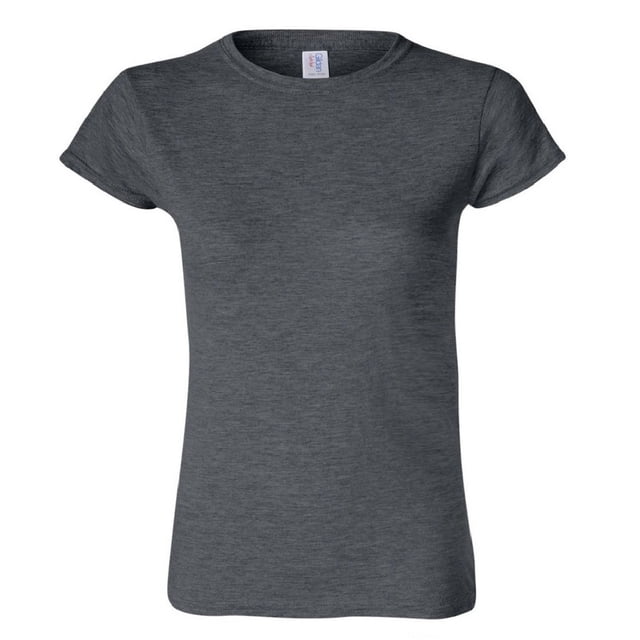 Gildan Ladies Soft Style Short Sleeve T-Shirt in a plain dark grey color. Made from 100% ringspun cotton with a crew neckline, narrow ribbed design, and taped shoulders. Features short sleeves, high stitch density, and a tearaway label. Certified sustainable with Oeko-Tex Standard 100, Sedex, and WRAP certifications. Available in sizes S to 3XL.