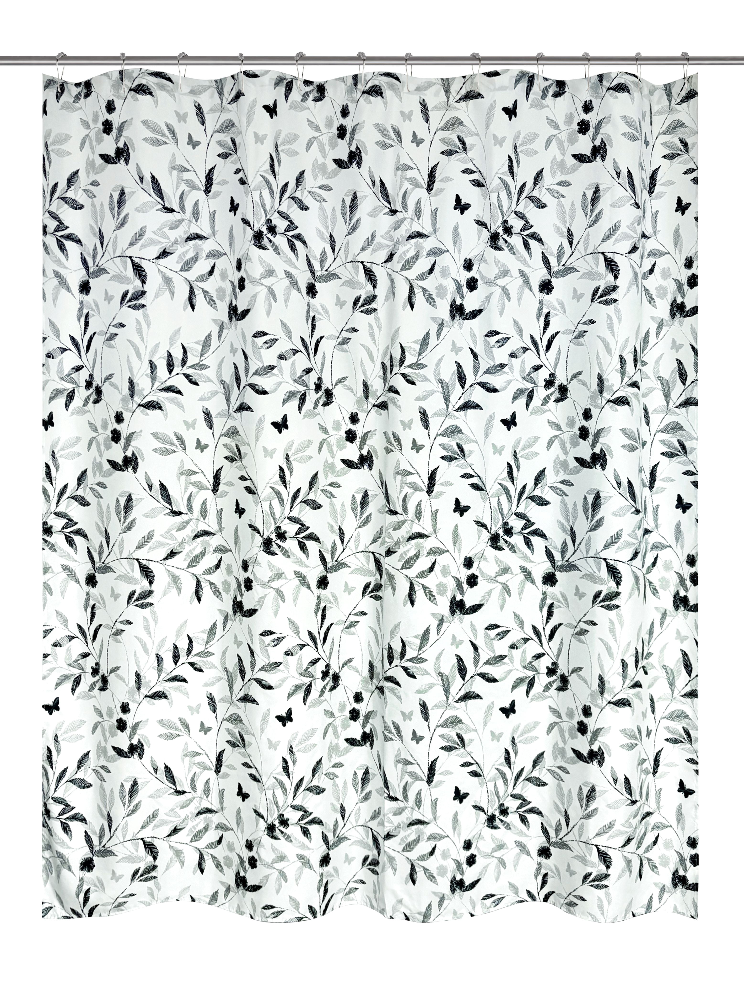 Ensemble de salle de bain Mainstays 16 pièces, rideau de douche en tissu noir à motif botanique à rayures, avec tapis, crochets, distributeur de savon et accessoires