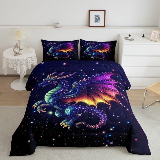 Erosebridal Cartoon Dragon Bedding Full Comforter Set, Dreamy Galaxy Down Comforter, Gradient Animal Decor , Reversible