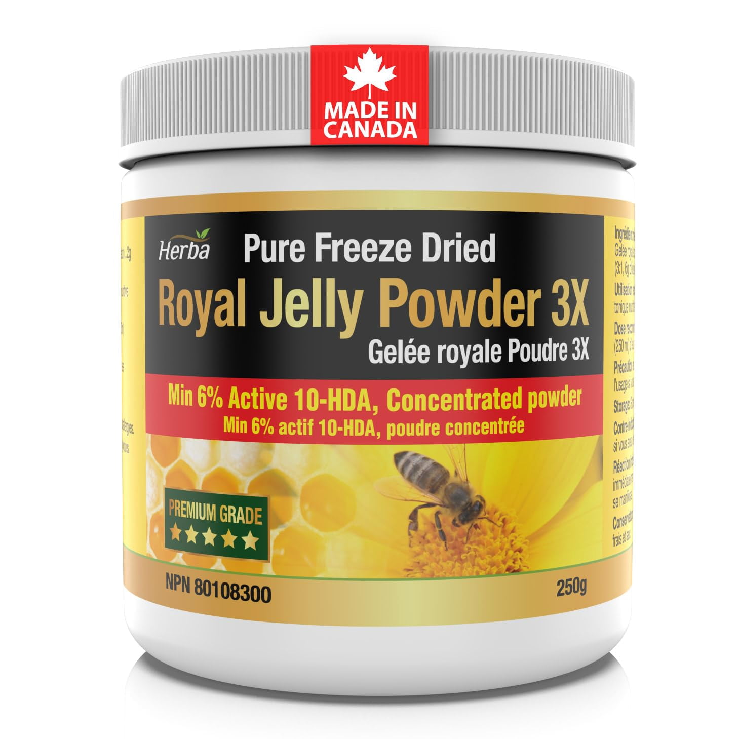 Herba Royal Jelly Powder 250g – 100% Pure Freeze Dried Premium Royal Jelly Powder with Active 10-HDA | Helps Improve Immune System and Overall Health