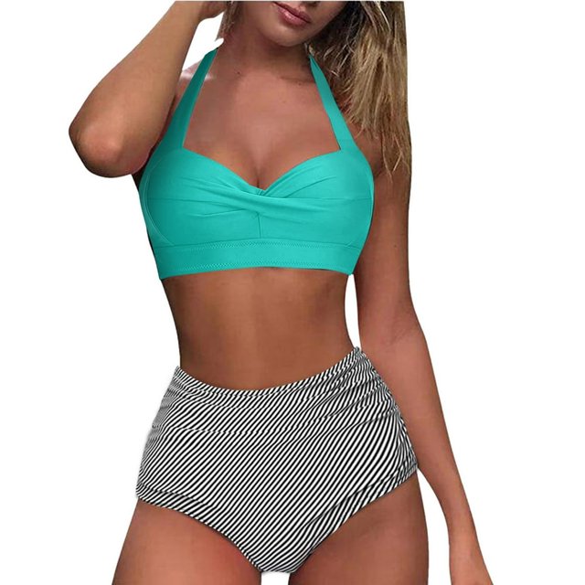 New Years 2022 Women Vintage Swimsuit Two Piece Retro Halter Ruched High Waist Print Bikini Set
