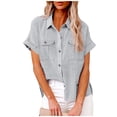 thumbnail image 1 of fheaev Button Up Shirts For Women Roll Up Short Sleeve Button Down Cotton Linen T-Shirts With Pocket V-Neck Work Tunics Blouse Collared Tops, 1 of 9