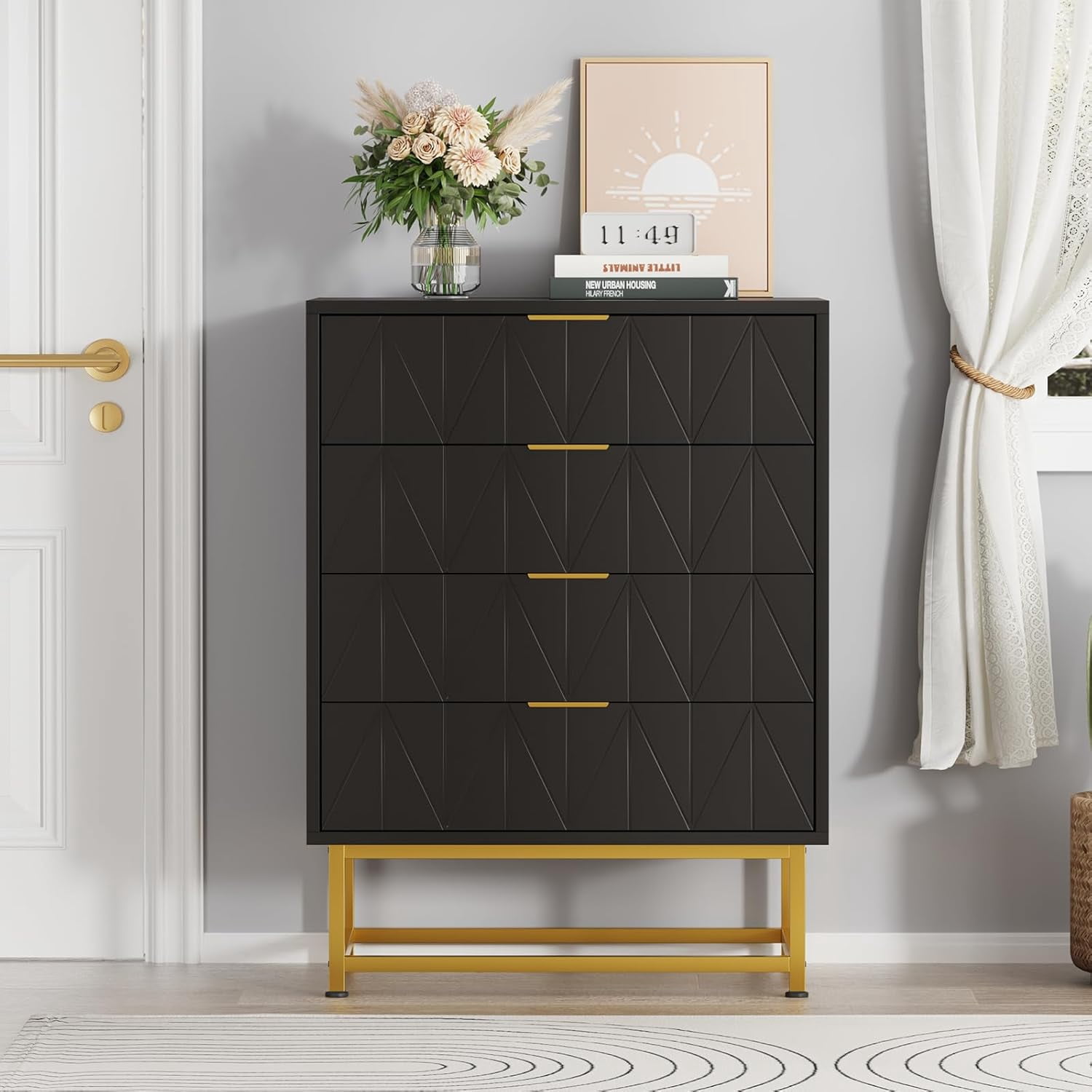 4 Drawer Dresser with Wide Storage, Wood Dresser Chest Organizer with Metal Legs, Modern Dressers & Chests of Drawers for Bedroom, Living Room, Hallway(Black)