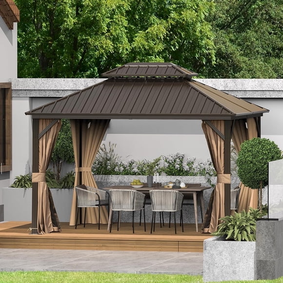 Domi Outdoor 10x12 ft Hardtop Gazebo Canopy Metal with Galvanized Steel Double Roof,Curtain & Netting for Patio Deck Backyard, Brown