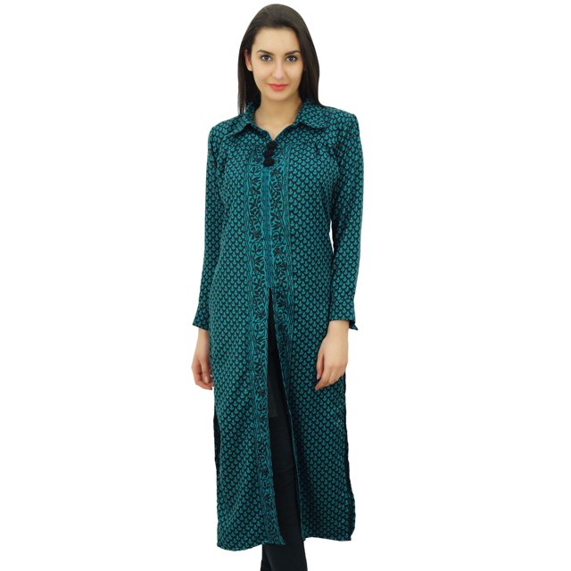 Bimba Kurta Kurti à Col Droit Fendu pour Femmes Tunique en Rayonne Imprimée Manches Longues