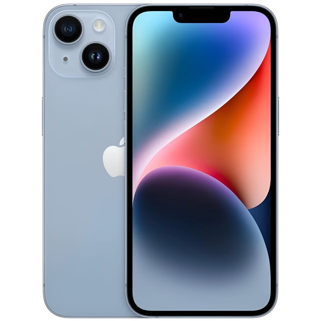 Refurbished Apple iPhone 14 in blue with 256GB storage, featuring a 6.1-inch Super Retina XDR OLED display and dual 12MP rear cameras. The front-facing 12MP TrueDepth camera supports 4K video recording. Fully unlocked and in excellent condition, this smartphone is powered by the A15 Bionic chip for seamless multitasking and 5G connectivity. It includes advanced features like Crash Detection, Face ID, and MagSafe wireless charging. The durable design incorporates an aerospace-grade aluminum frame, Ceramic Shield front cover, and IP68 water and dust resistance.