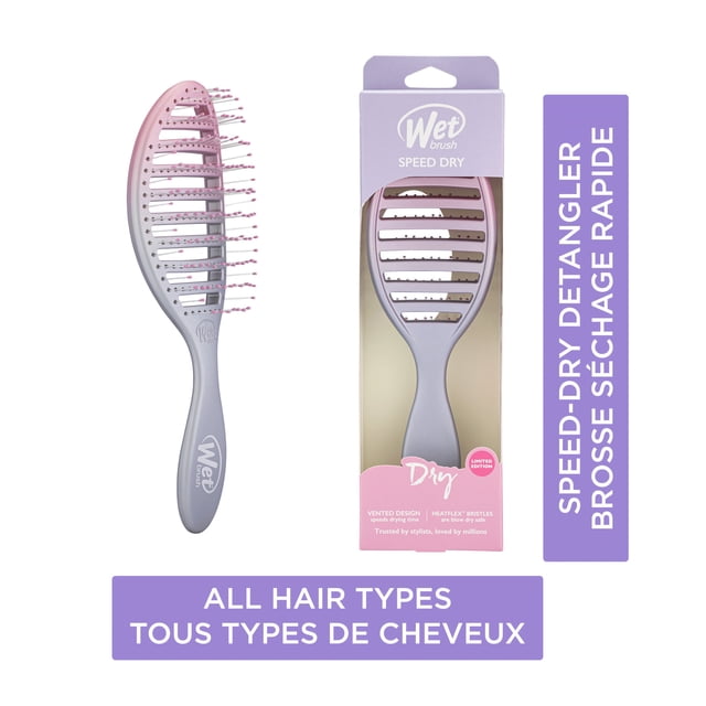 Wet Brush Speed Dry hairbrush in lavender with vented design and pink-tipped HeatFlex bristles, shown with packaging featuring bilingual English and French text highlighting its blow-dry safe, gentle detangling for all hair types.