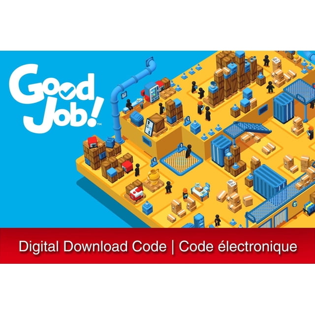 Good Job! - Nintendo Switch digital download code cover art showing an isometric office puzzle environment with small black humanoid characters navigating stacks of crates, conveyor belts, desks, and office equipment on a yellow platform against a blue background.