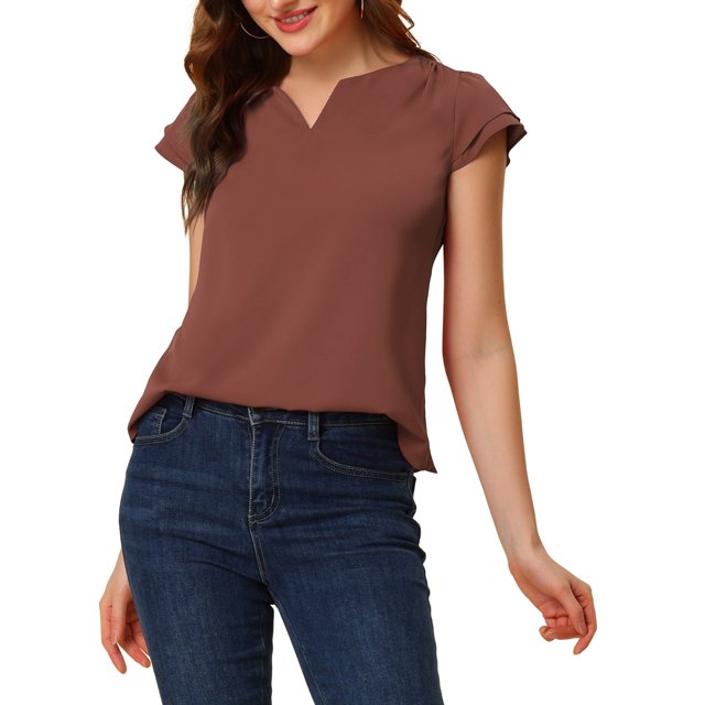 INSPIRE CHIC Women's Solid Blouse V Neck Ruffle Cap Sleeve Lightweight Work Blouse S Brown