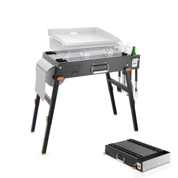 Yukon Glory? Universal Portable Grill Table/Flat Top Grill Griddles Stand with Built in Grill Caddy - Designed to Fit Tabletop Blackstone Griddle & Many Others - Outdoor Cooking Camping & Ta