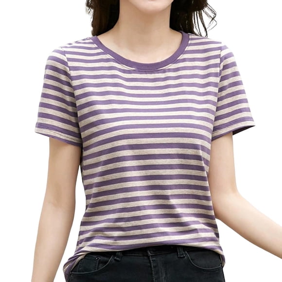 Lixiuxyad Woman Tee Women's Striped Retro Top Korean Style Full Loose Round Neck Short Sleeve Design Sense Color Contrast T Shirt